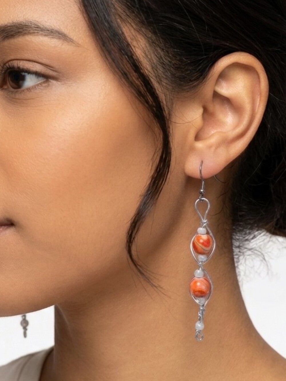 Handcrafted Wraped Glass And Acrylic Bead Of Dangle Earrings